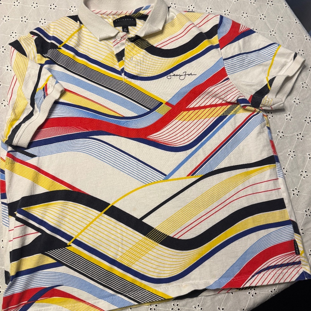 Sean John Men’s Polo Shirt Multicolor Graphic Stripe 2XL Short Sleeve